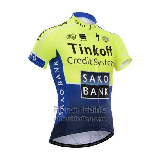 2014 Fietskleding Tinkoff Saxo Bank Blauw en Groen Korte Mouwen en Koersbroek